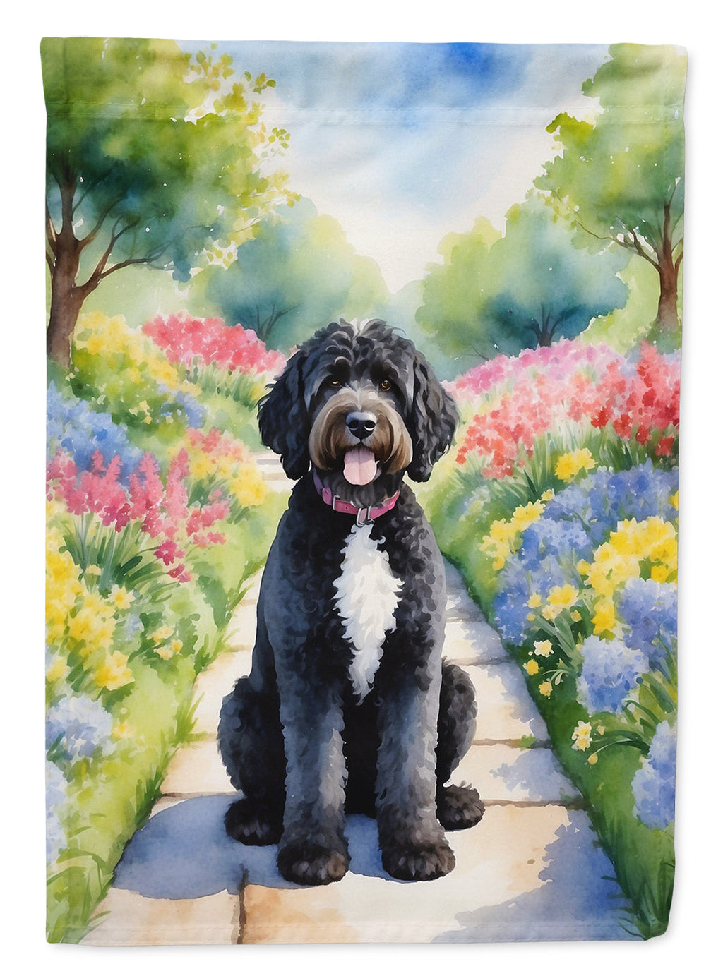Portuguese Water Dog Spring Path House Flag 28x40 Porch Sleeve Pole Decorative Outside Yard Banner Artwork Wall Hanging, Polyester