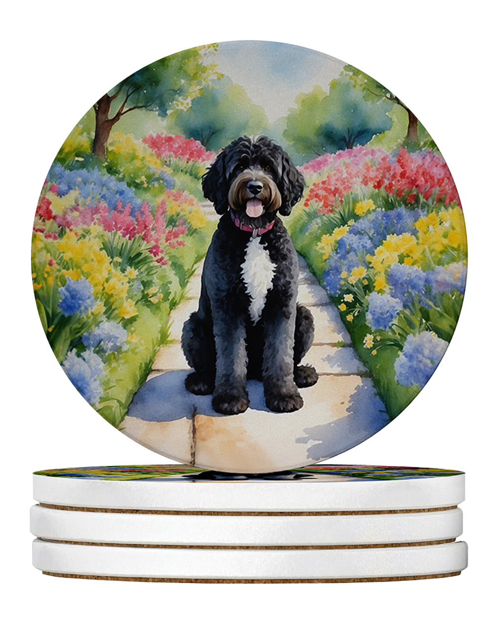 Portuguese Water Dog Spring Path Large Sandstone Coasters Pack of 4 Absorbent Round Coasters Decor Gifts for Men or Women, 4 in, Multicolor