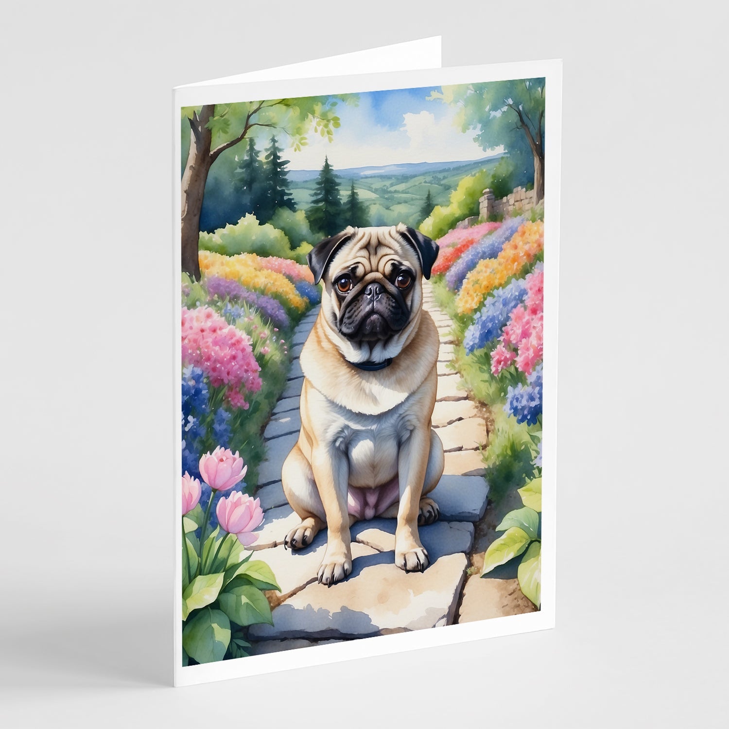Pug Spring Path Greeting Cards Pack of 8 Blank Cards with Envelopes Whimsical A7 Size 5x7