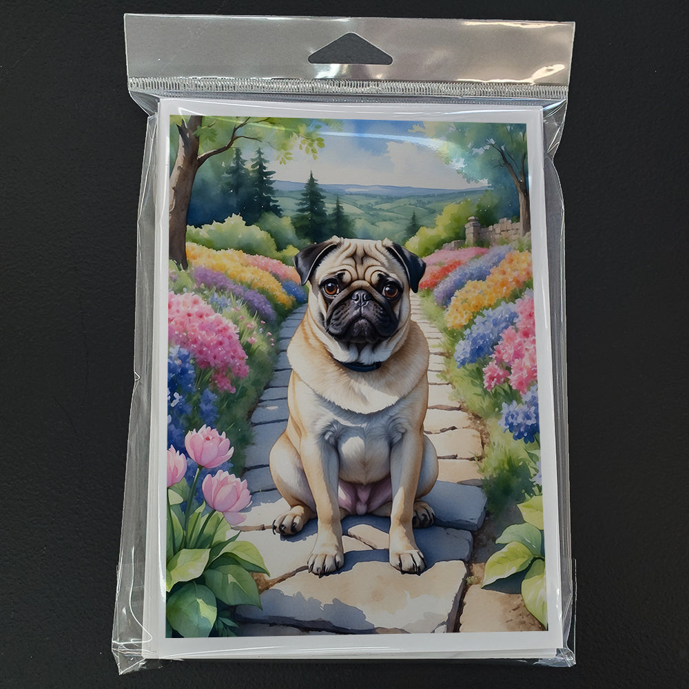 Pug Spring Path Greeting Cards Pack of 8 Blank Cards with Envelopes Whimsical A7 Size 5x7