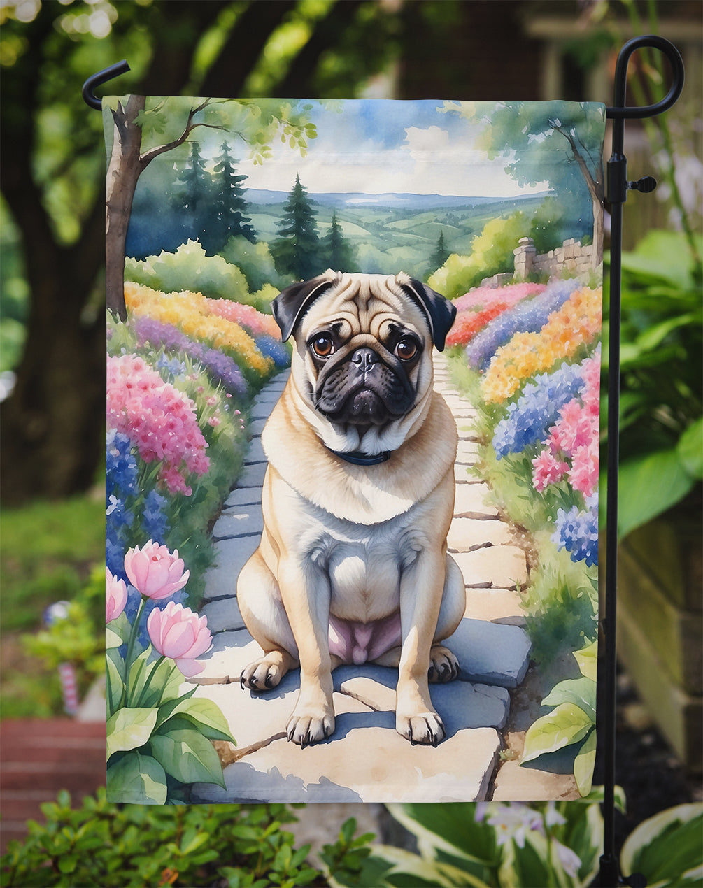Pug Spring Path Garden Flag Mailbox Decorative Yard Banner Outside Patio Artwork for Flower Beds, Garden Size, Multicolor