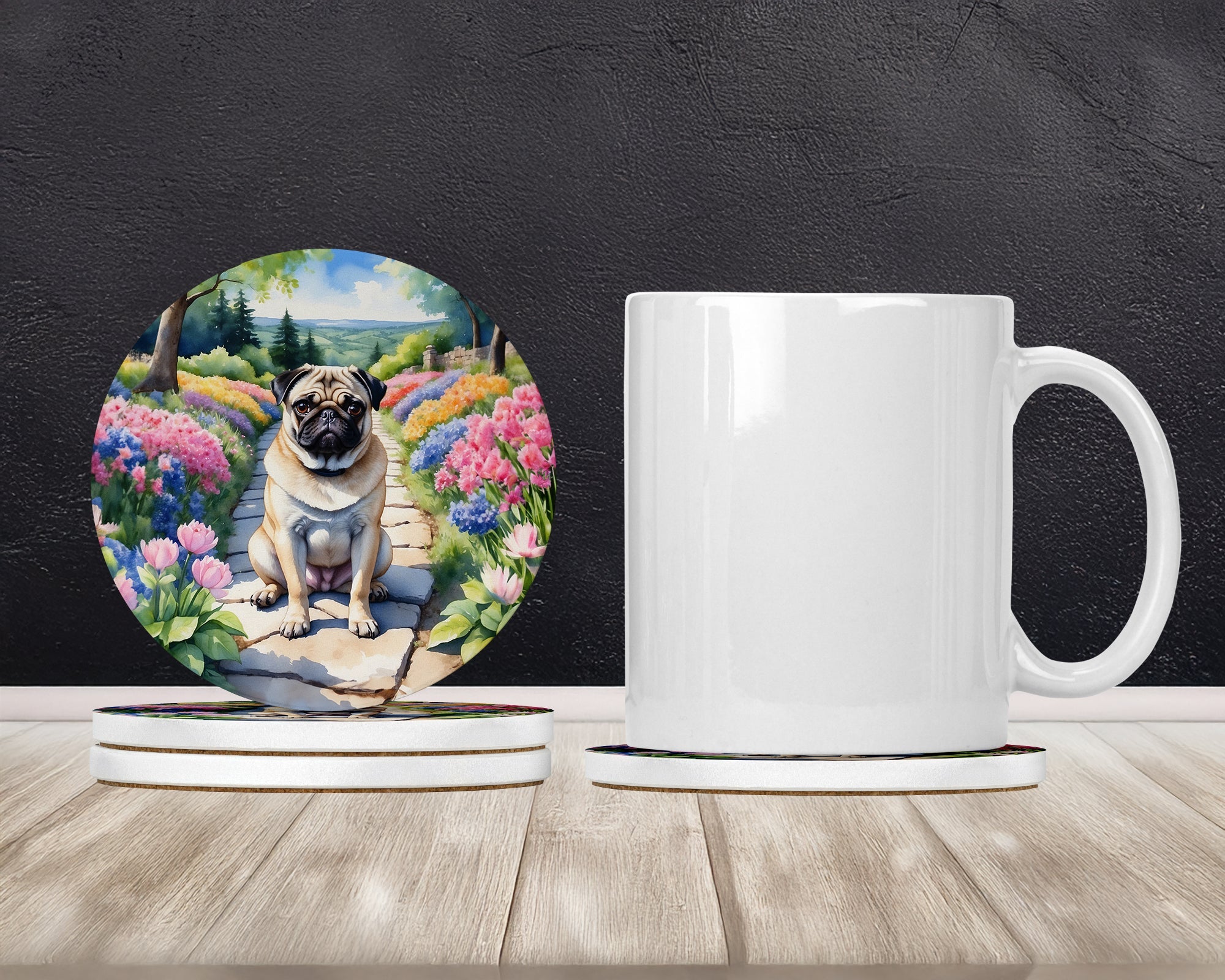 Pug Spring Path Large Sandstone Coasters Pack of 4 Absorbent Round Coasters Decor Gifts for Men or Women, 4 in, Multicolor