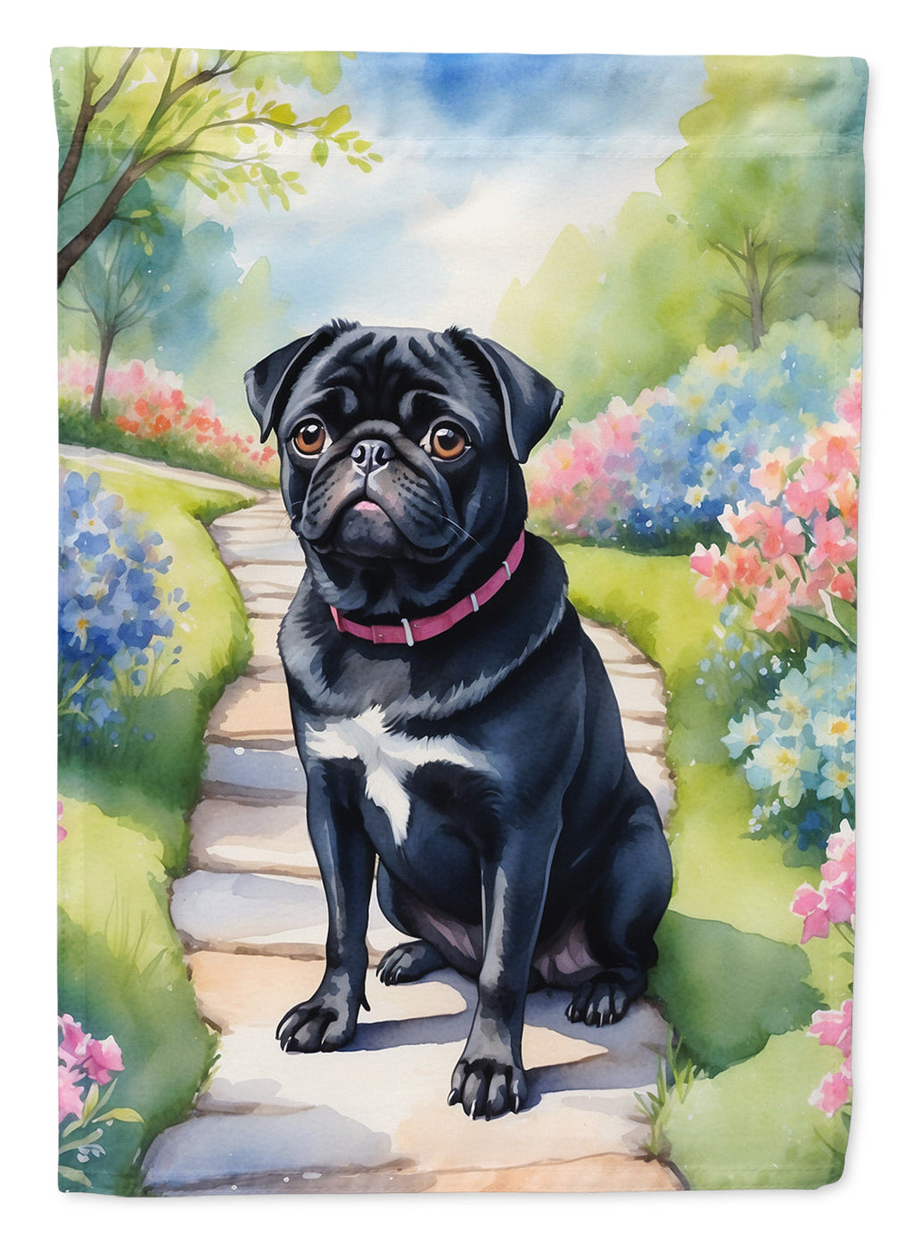 Black Pug Spring Path House Flag 28x40 Porch Sleeve Pole Decorative Outside Yard Banner Artwork Wall Hanging, Polyester