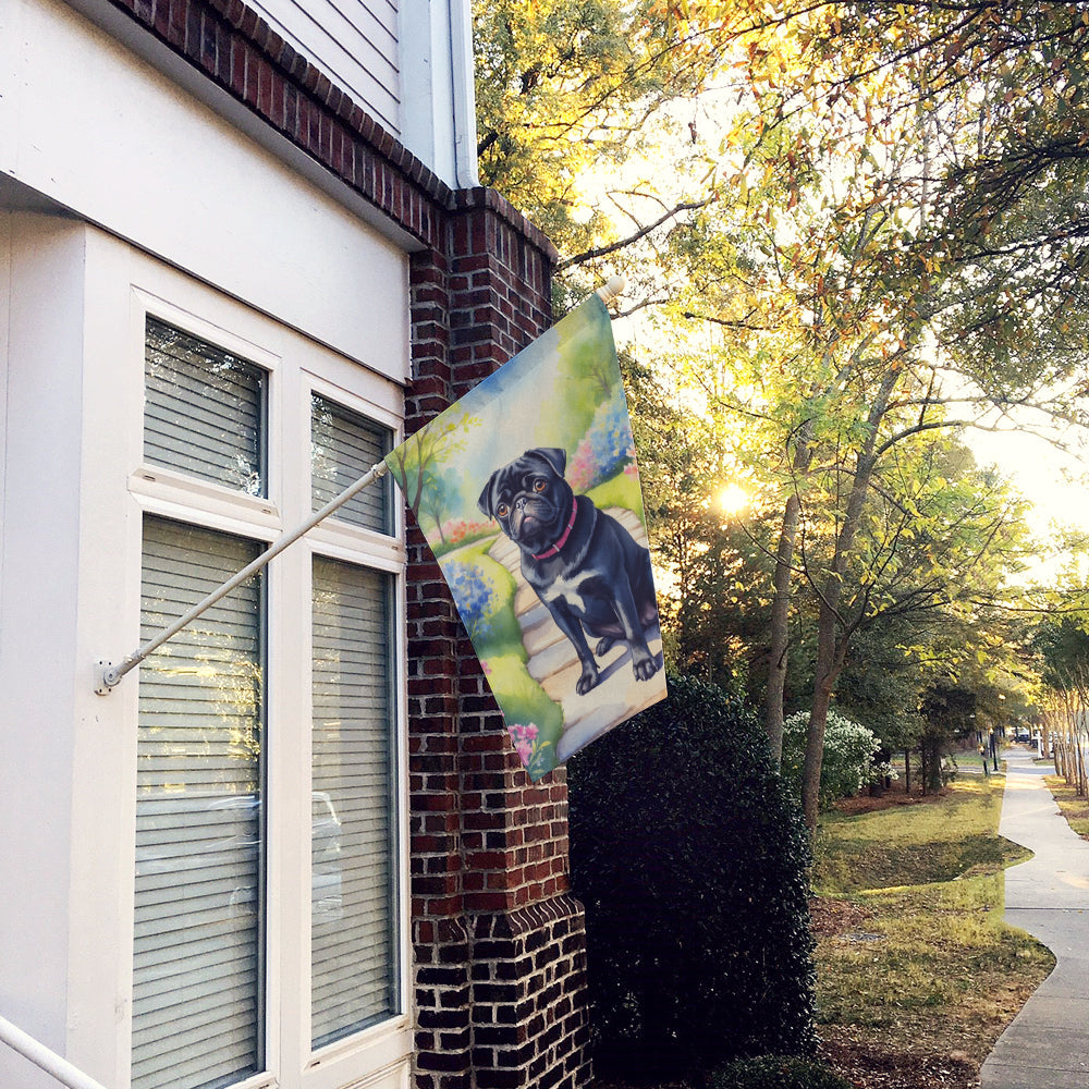 Black Pug Spring Path House Flag 28x40 Porch Sleeve Pole Decorative Outside Yard Banner Artwork Wall Hanging, Polyester