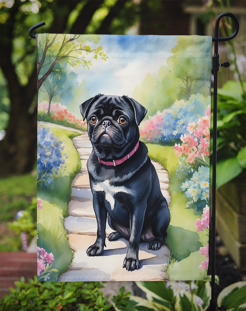 Black Pug Spring Path Garden Flag Mailbox Decorative Yard Banner Outside Patio Artwork for Flower Beds, Garden Size, Multicolor