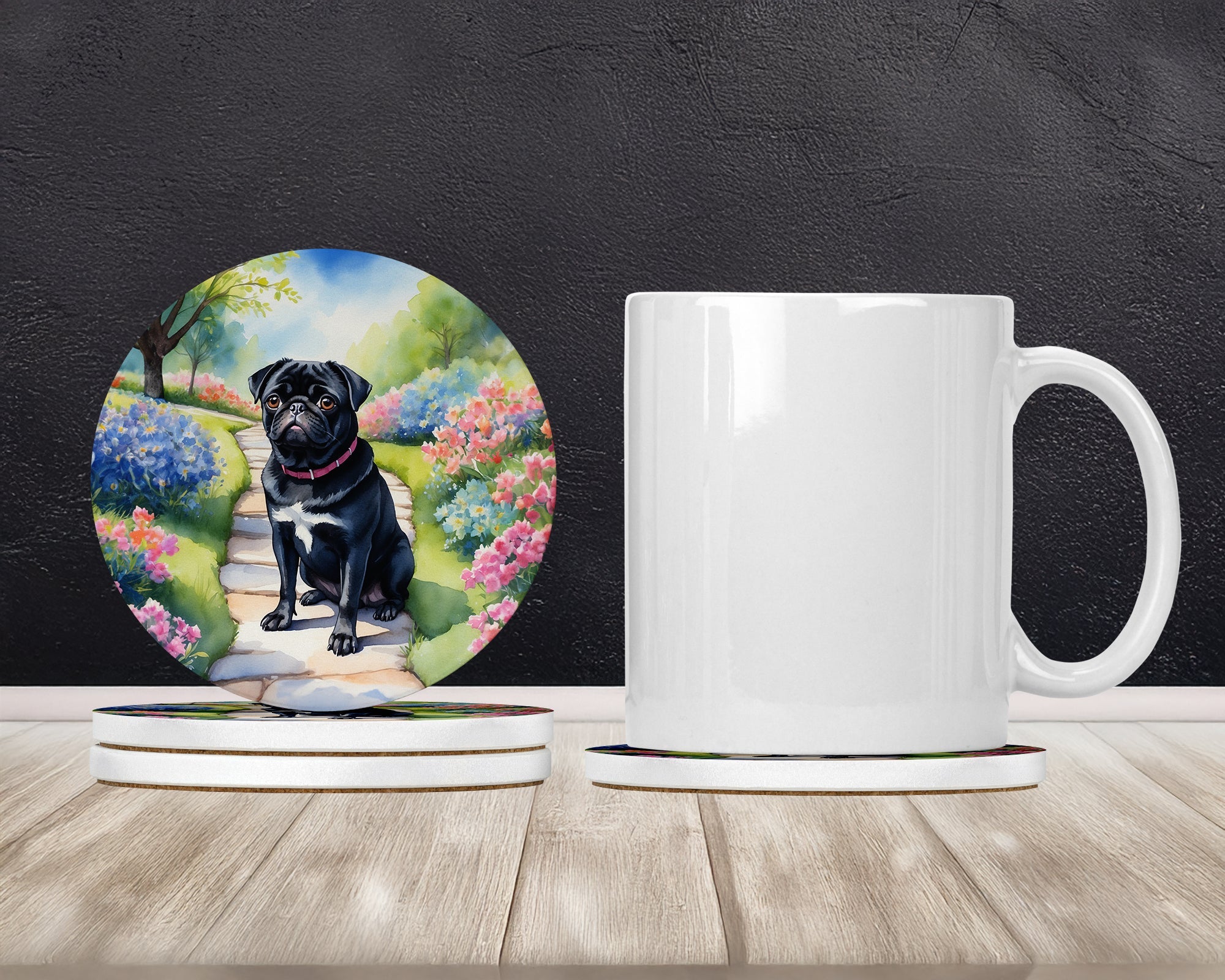 Black Pug Spring Path Large Sandstone Coasters Pack of 4 Absorbent Round Coasters Decor Gifts for Men or Women, 4 in, Multicolor