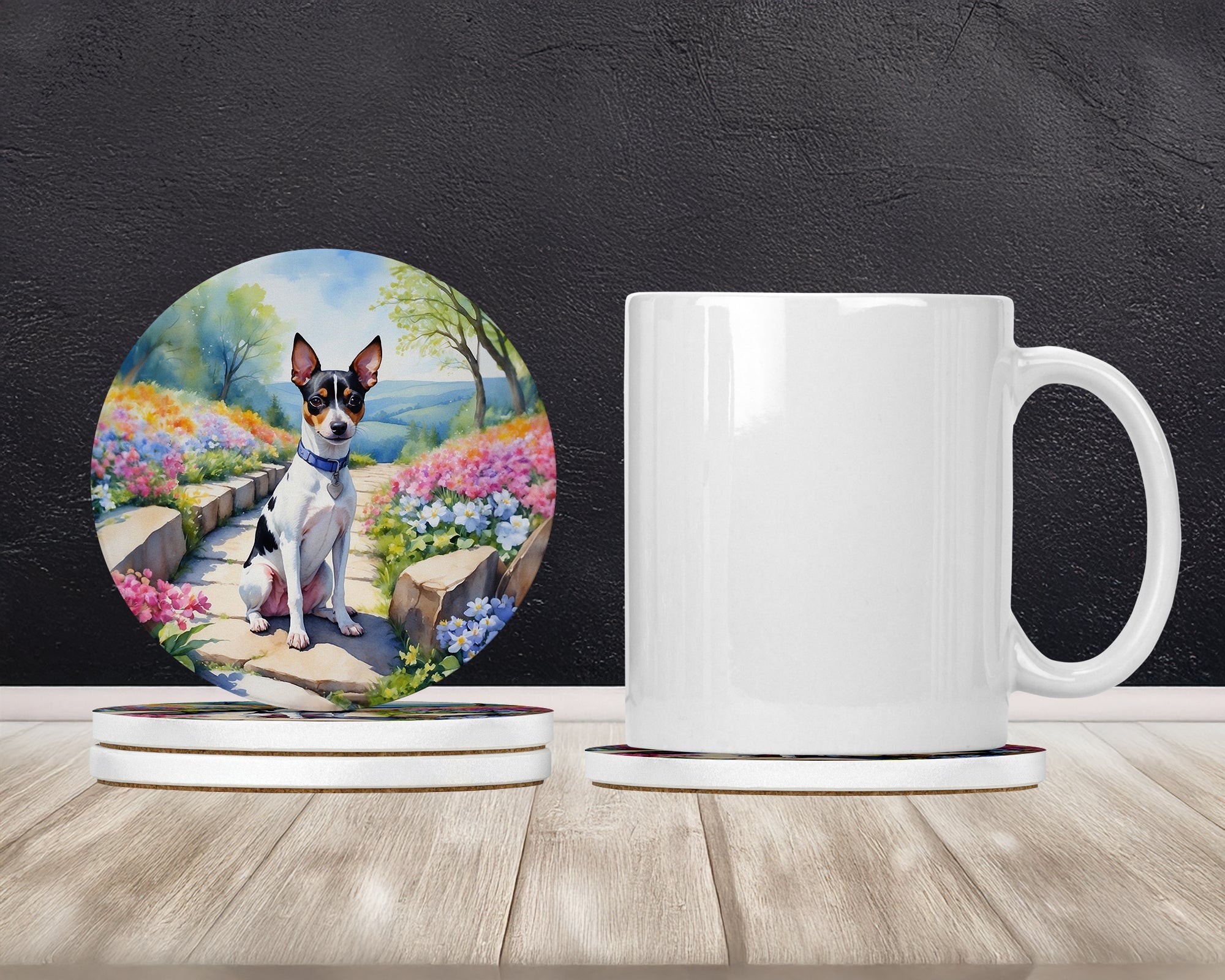Rat Terrier Spring Path Large Sandstone Coasters Pack of 4 Absorbent Round Coasters Decor Gifts for Men or Women, 4 in, Multicolor