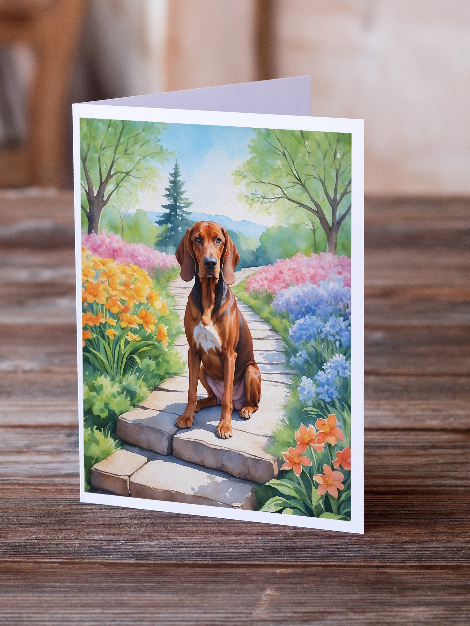 Redbone Coonhound Spring Path Greeting Cards Pack of 8 Blank Cards with Envelopes Whimsical A7 Size 5x7