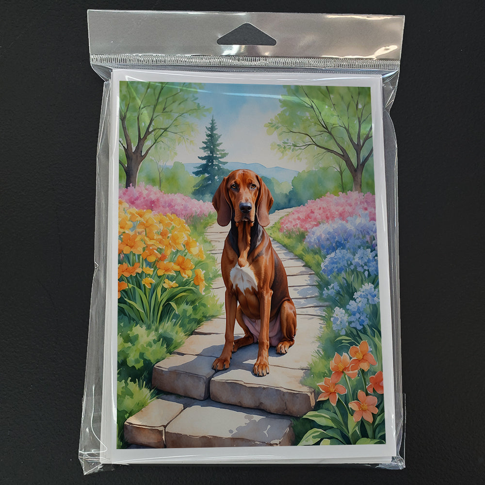 Redbone Coonhound Spring Path Greeting Cards Pack of 8 Blank Cards with Envelopes Whimsical A7 Size 5x7