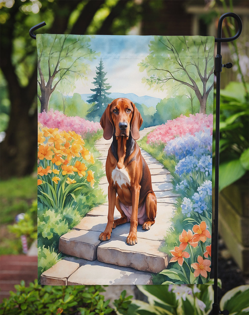 Redbone Coonhound Spring Path Garden Flag Mailbox Decorative Yard Banner Outside Patio Artwork for Flower Beds, Garden Size, Multicolor