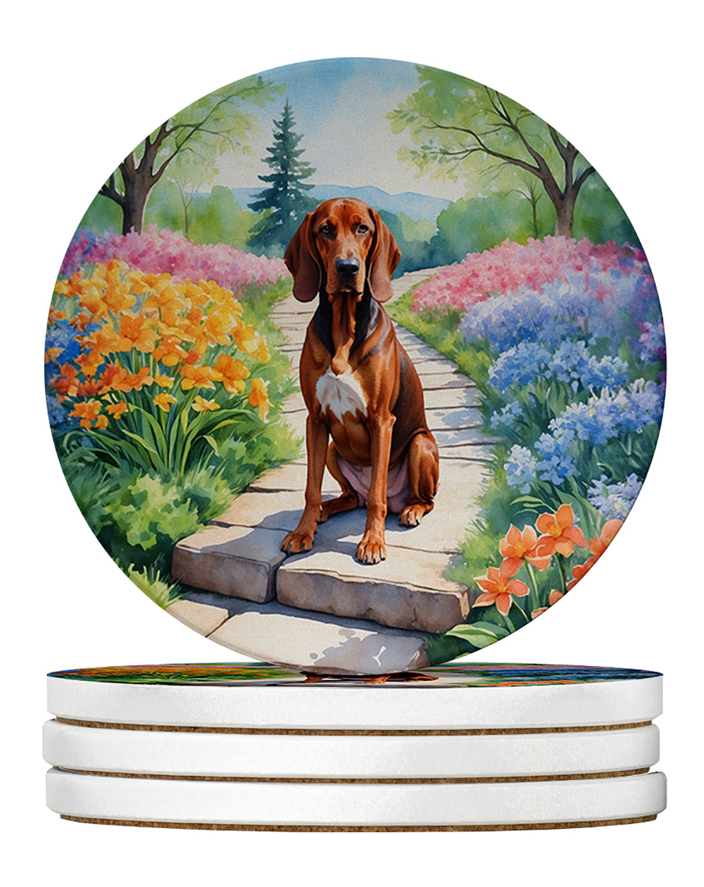 Redbone Coonhound Spring Path Large Sandstone Coasters Pack of 4 Absorbent Round Coasters Decor Gifts for Men or Women, 4 in, Multicolor