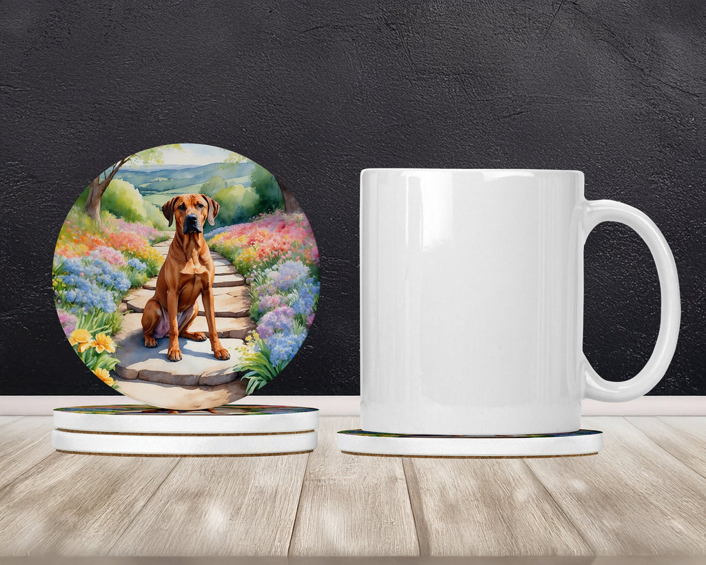 Rhodesian Ridgeback Spring Path Large Sandstone Coasters Pack of 4 Absorbent Round Coasters Decor Gifts for Men or Women, 4 in, Multicolor