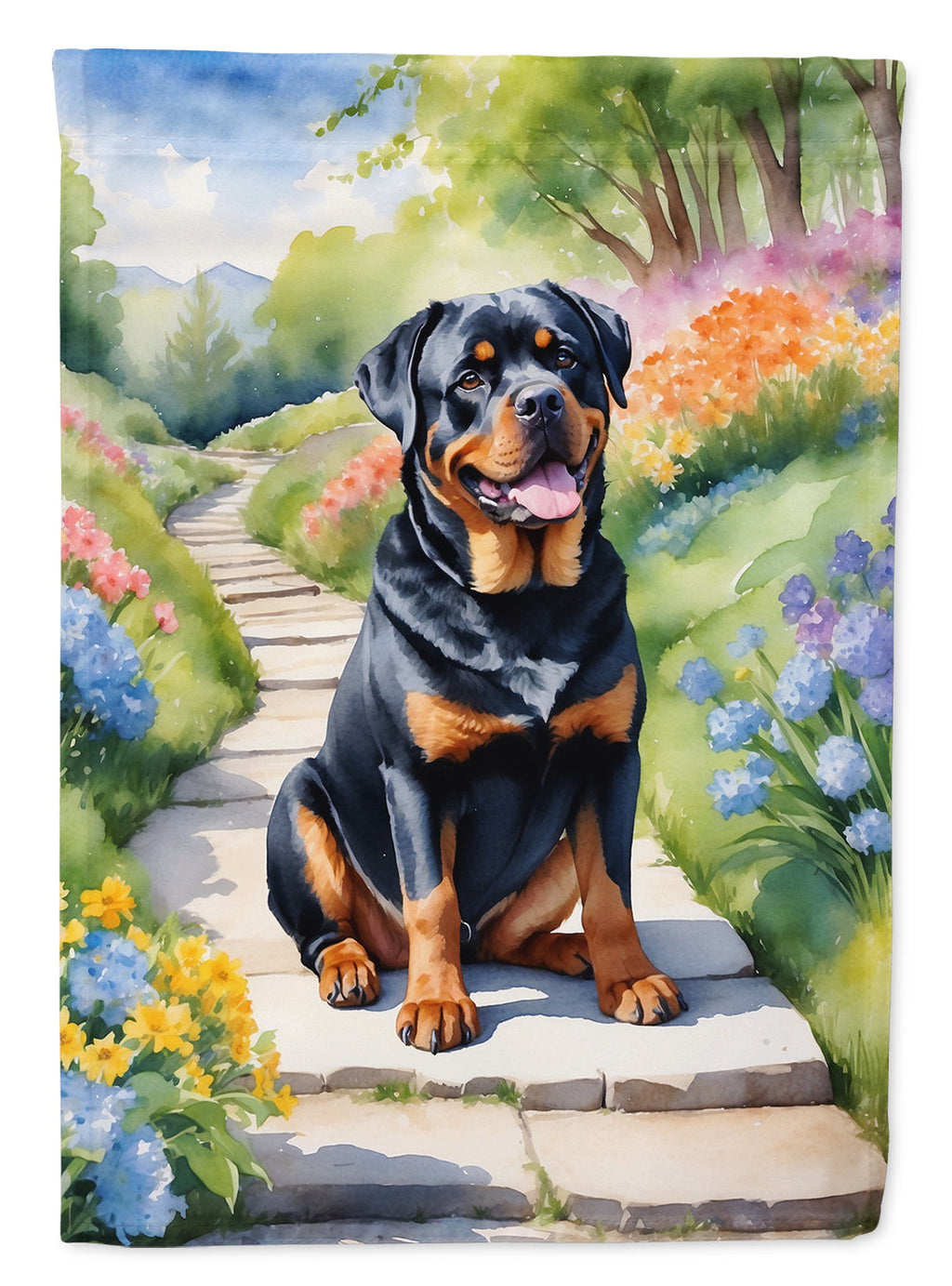 Rottweiler Spring Path House Flag 28x40 Porch Sleeve Pole Decorative Outside Yard Banner Artwork Wall Hanging, Polyester