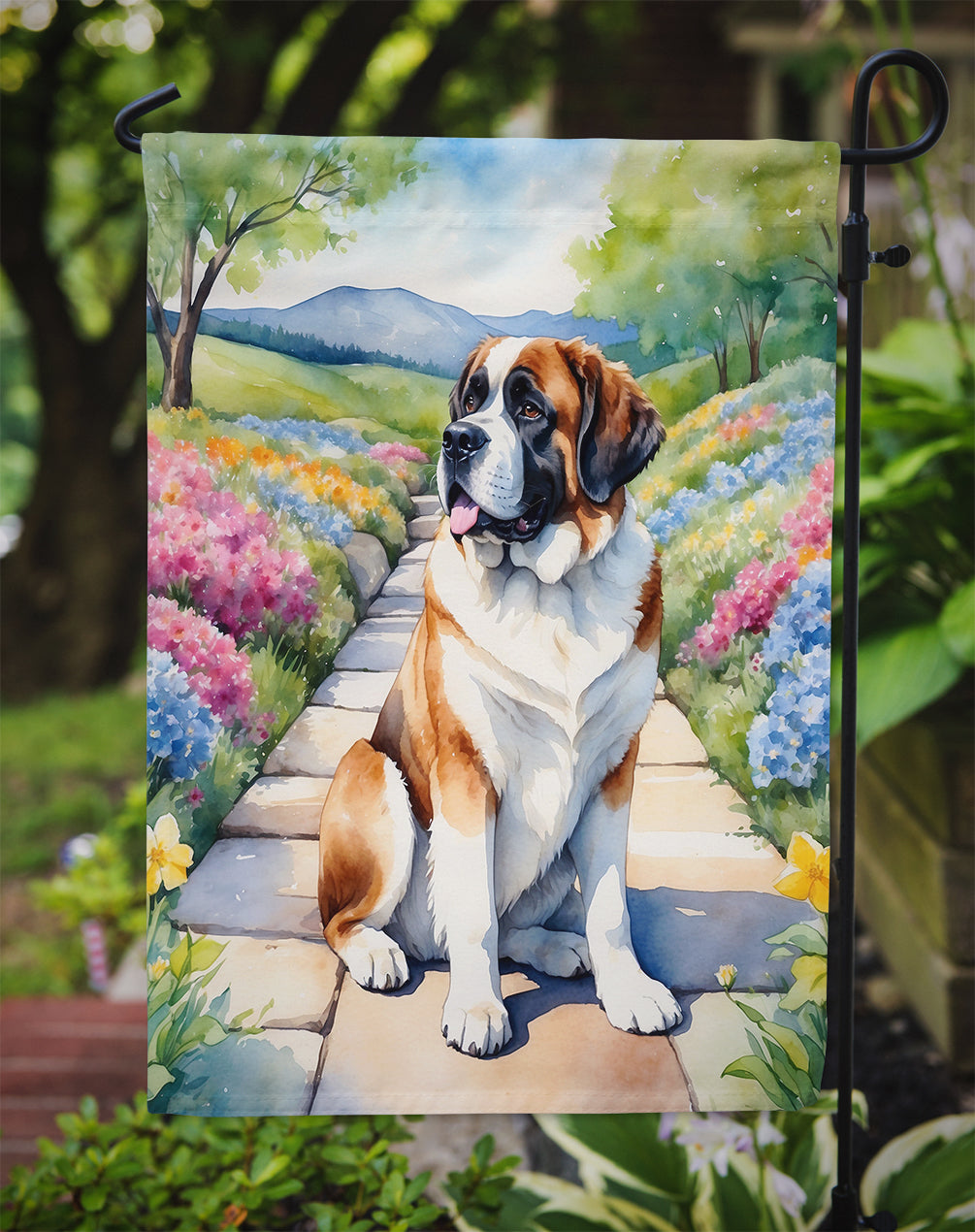 Saint Bernard Spring Path Garden Flag Mailbox Decorative Yard Banner Outside Patio Artwork for Flower Beds, Garden Size, Multicolor
