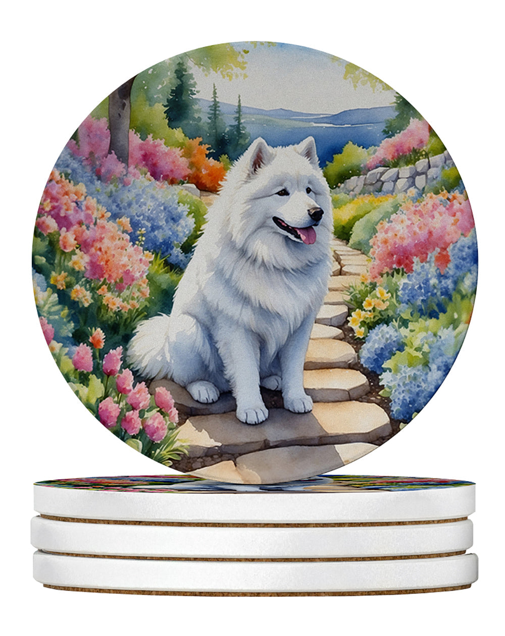 Samoyed Spring Path Large Sandstone Coasters Pack of 4 Absorbent Round Coasters Decor Gifts for Men or Women, 4 in, Multicolor