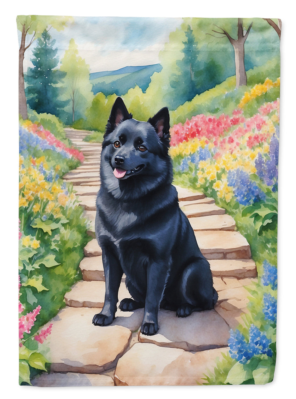 Schipperke Spring Path House Flag 28x40 Porch Sleeve Pole Decorative Outside Yard Banner Artwork Wall Hanging, Polyester