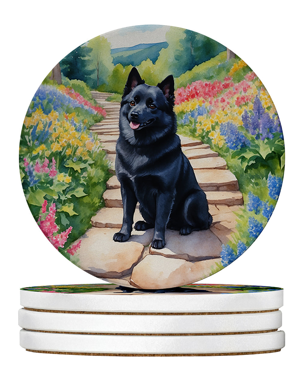Schipperke Spring Path Large Sandstone Coasters Pack of 4 Absorbent Round Coasters Decor Gifts for Men or Women, 4 in, Multicolor