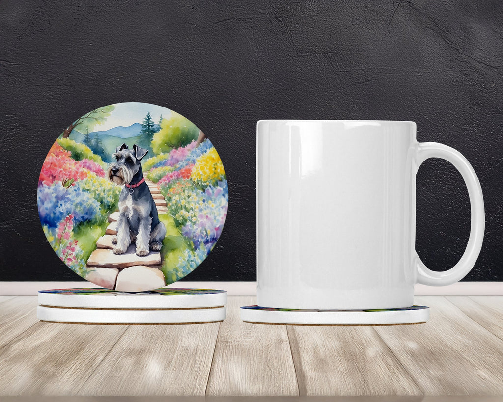 Schnauzer Spring Path Large Sandstone Coasters Pack of 4 Absorbent Round Coasters Decor Gifts for Men or Women, 4 in, Multicolor