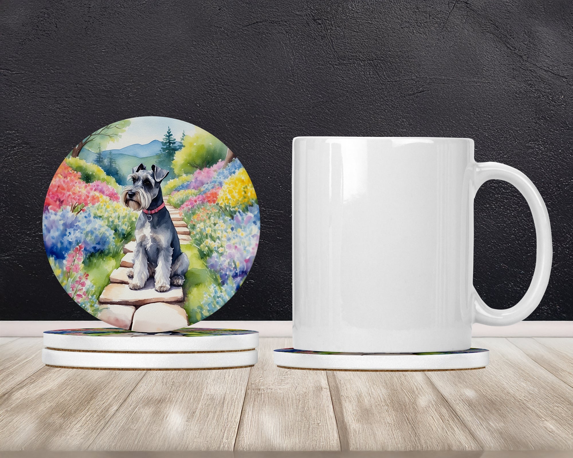 Schnauzer Spring Path Large Sandstone Coasters Pack of 4 Absorbent Round Coasters Decor Gifts for Men or Women, 4 in, Multicolor