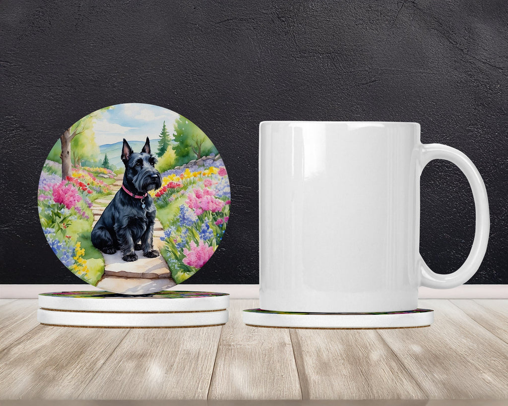 Scottish Terrier Spring Path Large Sandstone Coasters Pack of 4 Absorbent Round Coasters Decor Gifts for Men or Women, 4 in, Multicolor