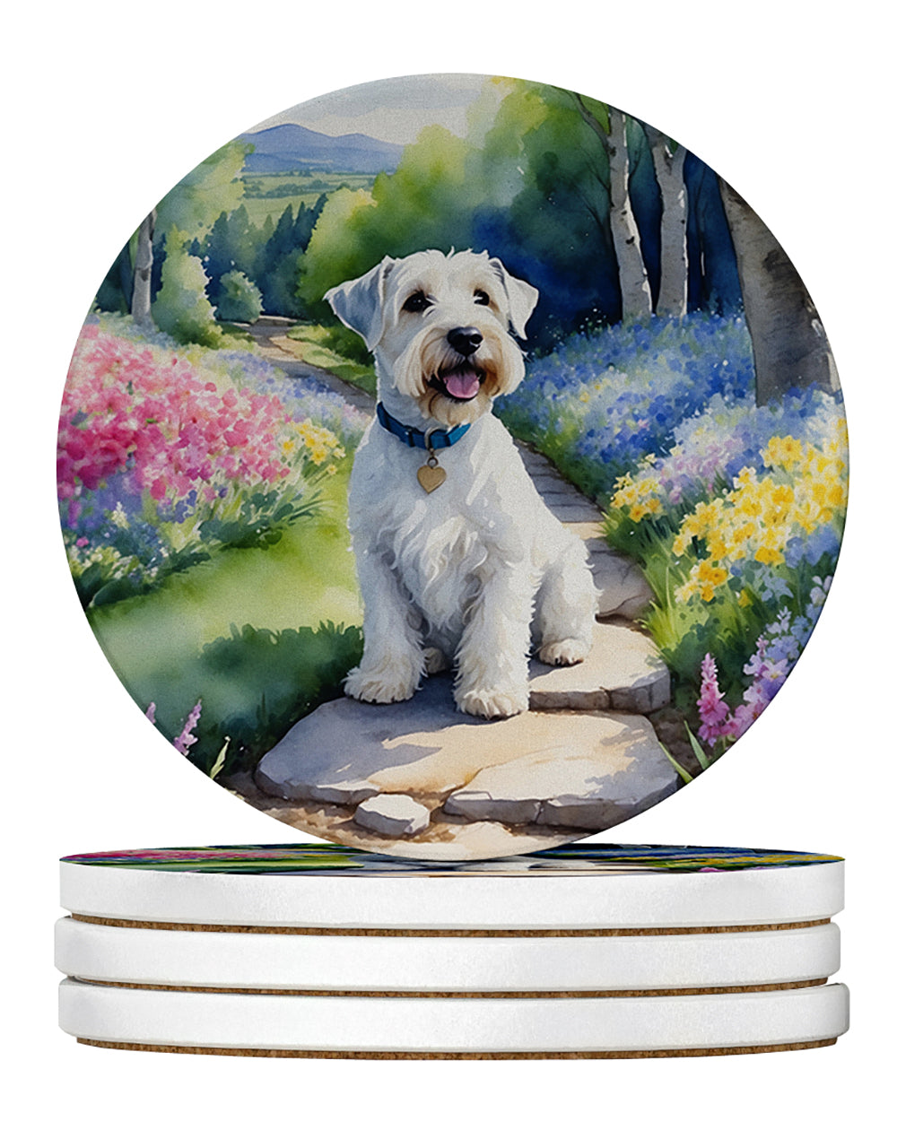 Sealyham Terrier Spring Path Large Sandstone Coasters Pack of 4 Absorbent Round Coasters Decor Gifts for Men or Women, 4 in, Multicolor