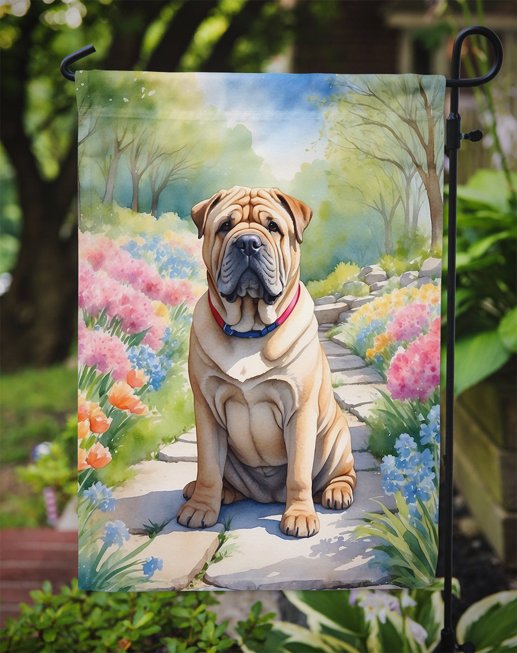 Shar Pei Spring Path Garden Flag Mailbox Decorative Yard Banner Outside Patio Artwork for Flower Beds, Garden Size, Multicolor