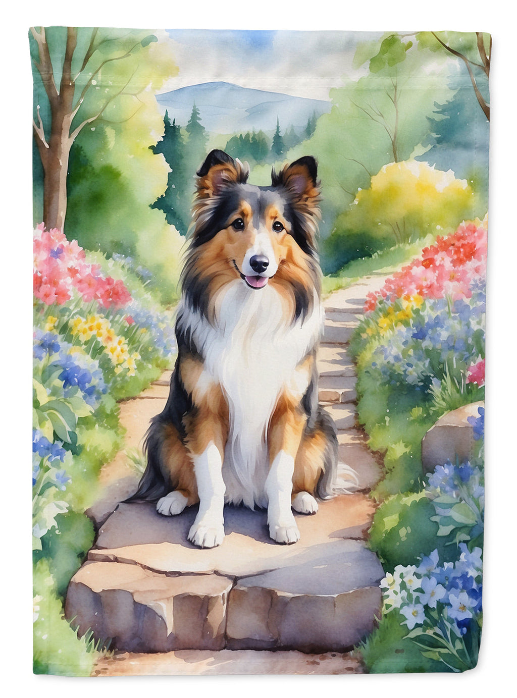 Sheltie Spring Path House Flag 28x40 Porch Sleeve Pole Decorative Outside Yard Banner Artwork Wall Hanging, Polyester