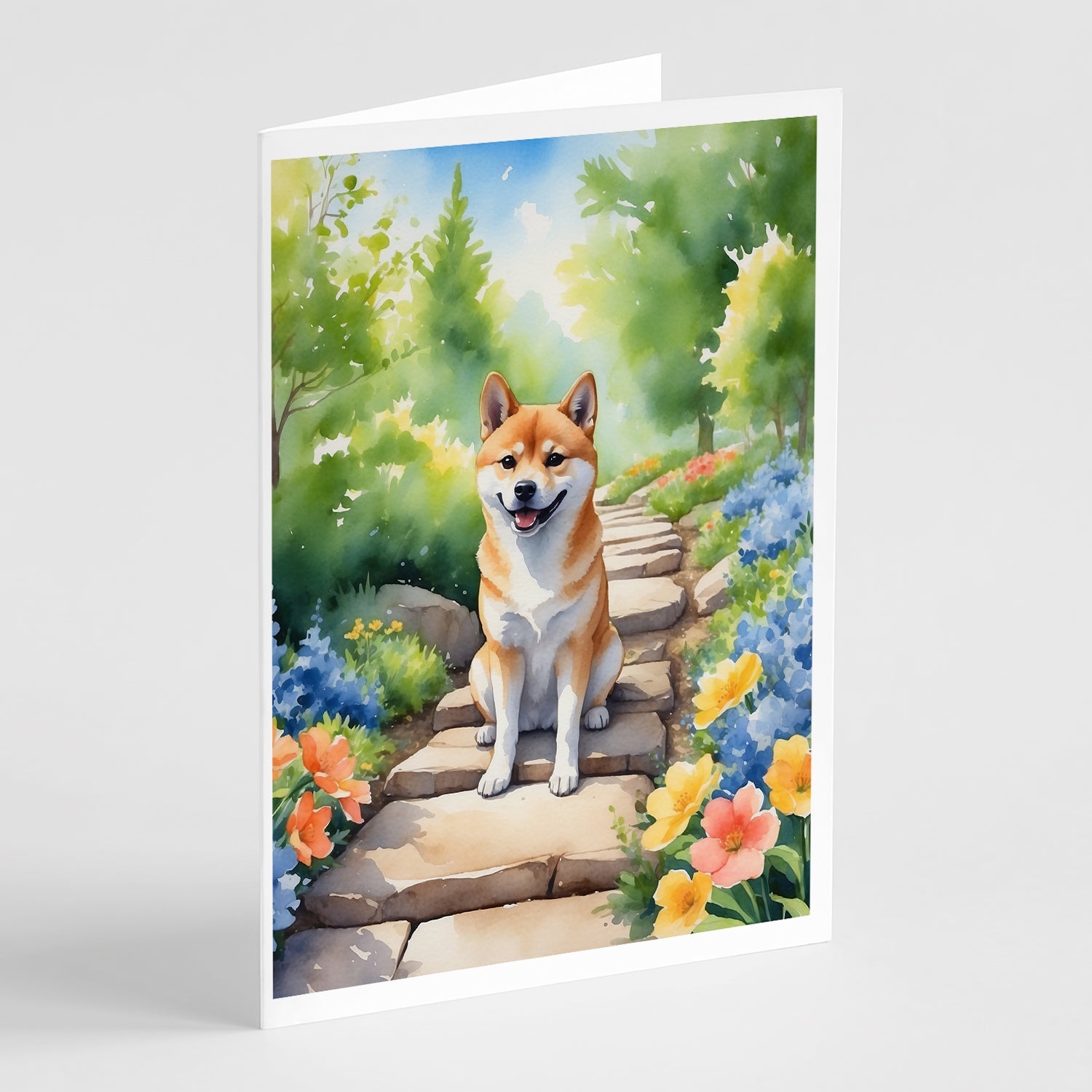 Shiba Inu Spring Path Greeting Cards Pack of 8 Blank Cards with Envelopes Whimsical A7 Size 5x7
