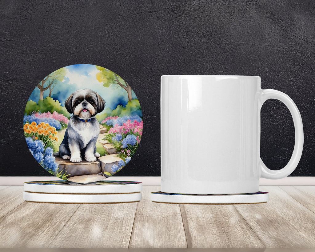Shih Tzu Spring Path Large Sandstone Coasters Pack of 4 Absorbent Round Coasters Decor Gifts for Men or Women, 4 in, Multicolor