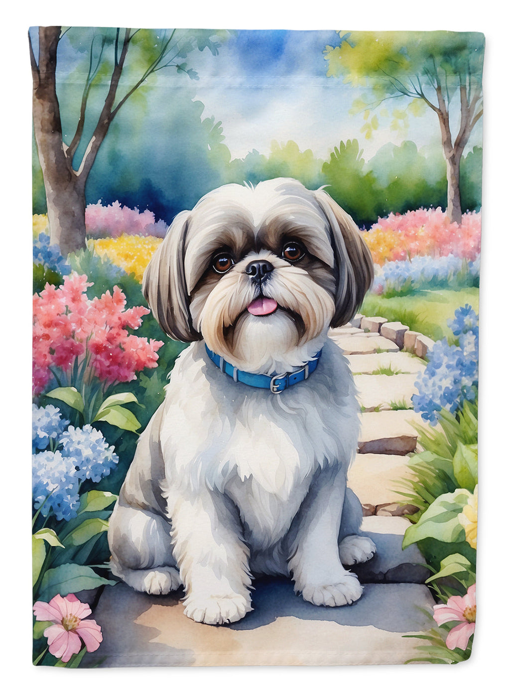 Shih Tzu Spring Path House Flag 28x40 Porch Sleeve Pole Decorative Outside Yard Banner Artwork Wall Hanging, Polyester