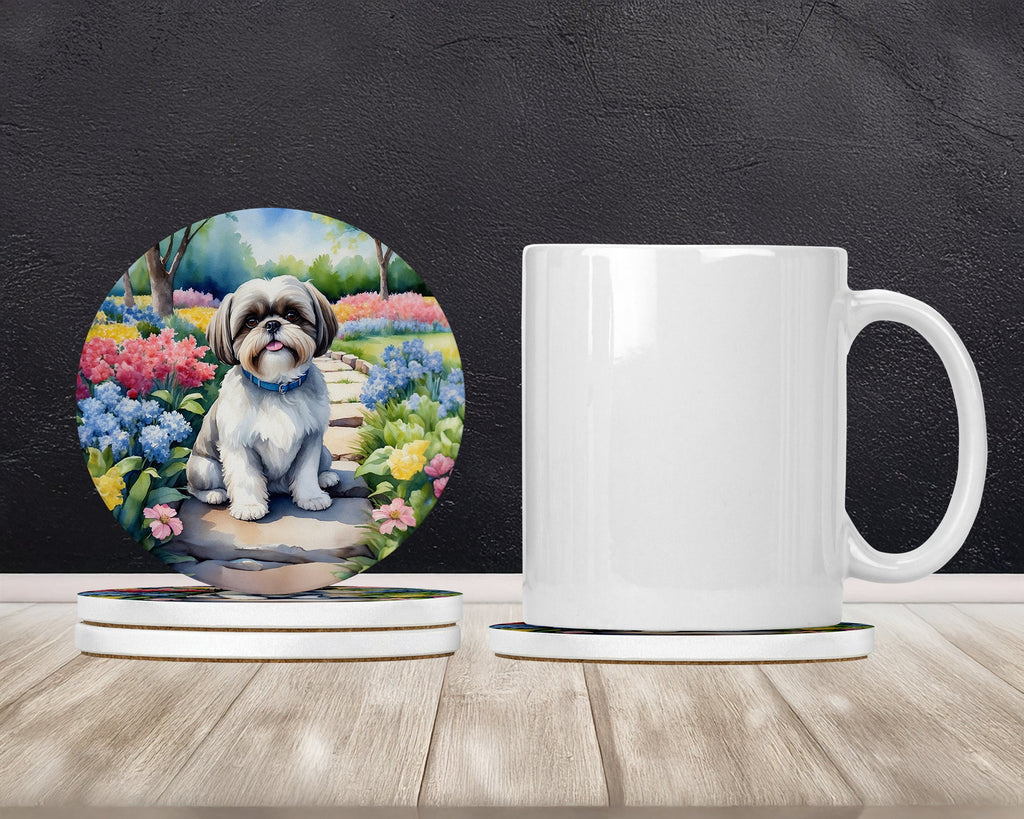 Shih Tzu Spring Path Large Sandstone Coasters Pack of 4 Absorbent Round Coasters Decor Gifts for Men or Women, 4 in, Multicolor