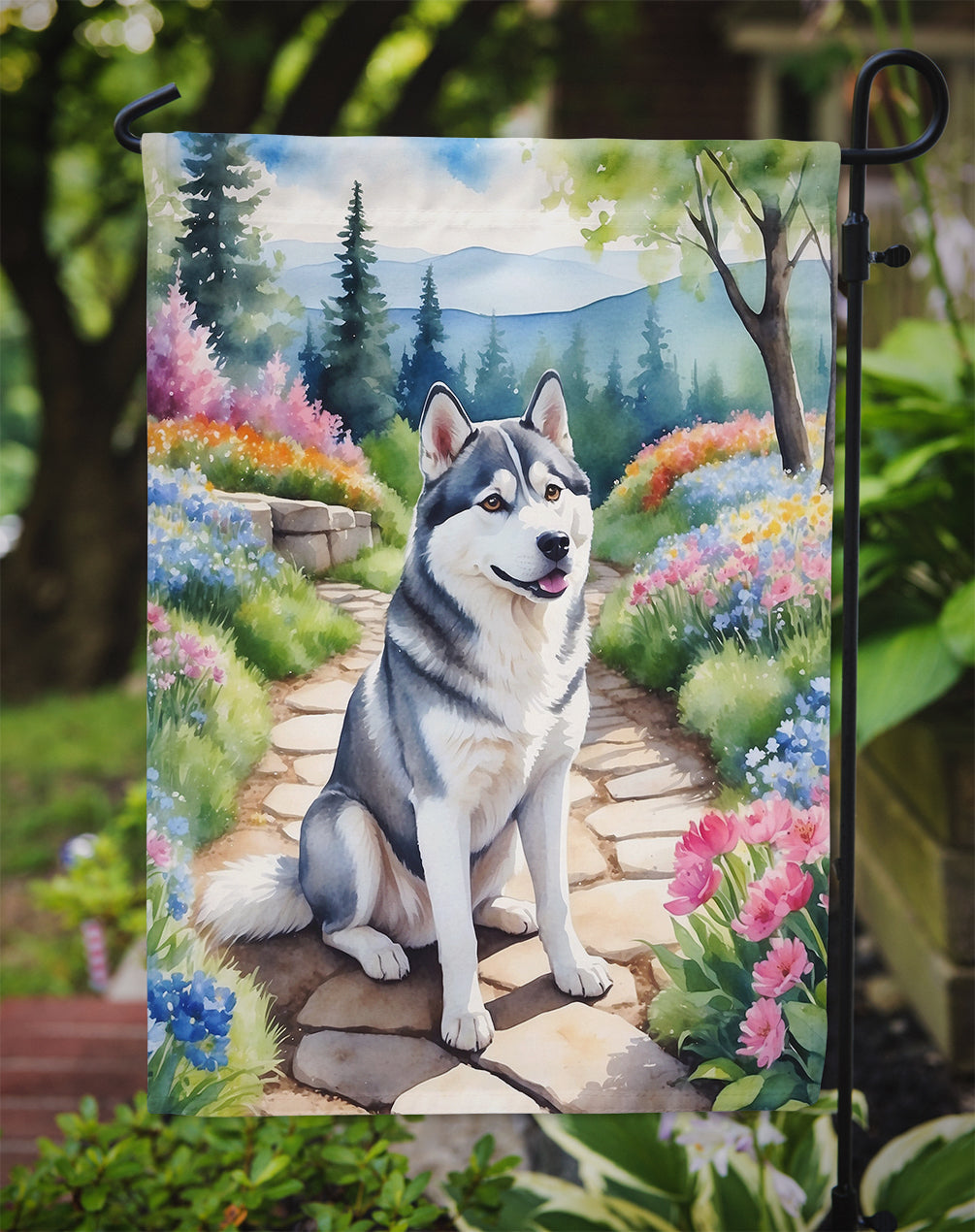 Siberian Husky Spring Path Garden Flag Mailbox Decorative Yard Banner Outside Patio Artwork for Flower Beds, Garden Size, Multicolor