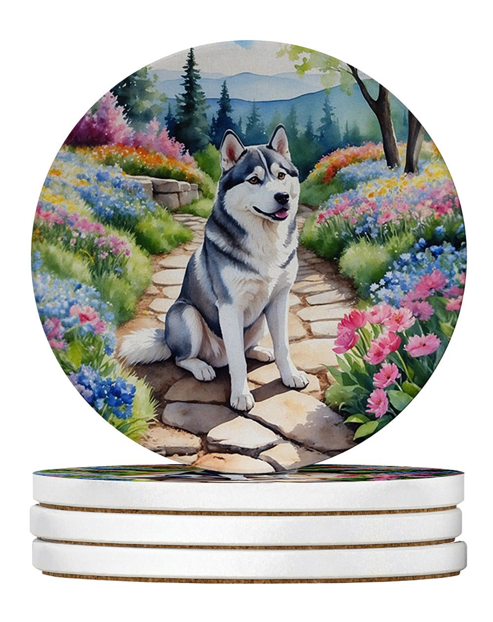 Siberian Husky Spring Path Large Sandstone Coasters Pack of 4 Absorbent Round Coasters Decor Gifts for Men or Women, 4 in, Multicolor