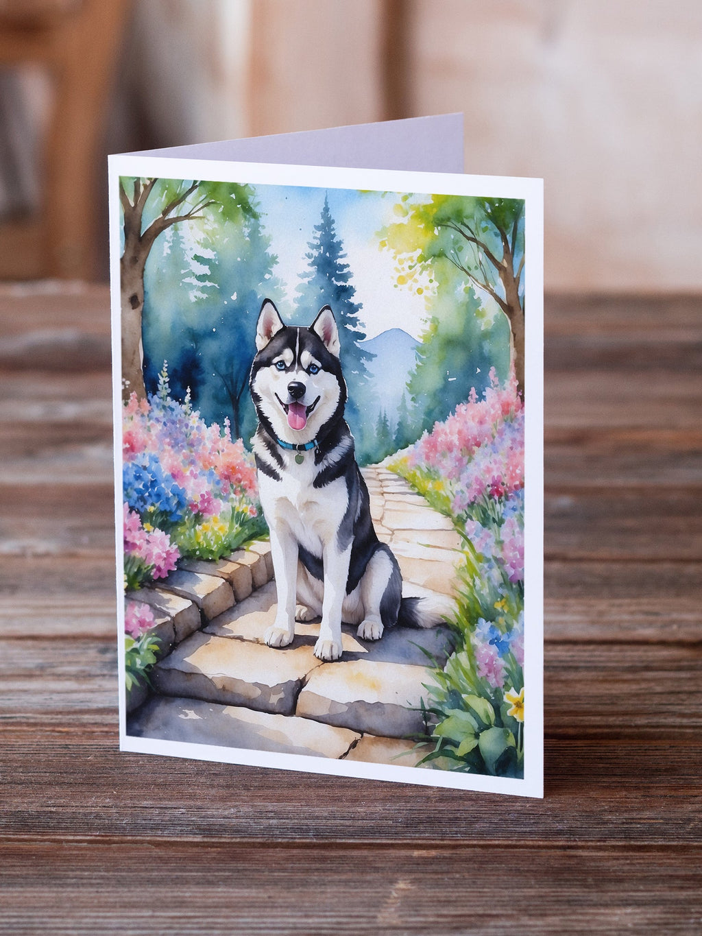 Siberian Husky Spring Path Greeting Cards Pack of 8 Blank Cards with Envelopes Whimsical A7 Size 5x7