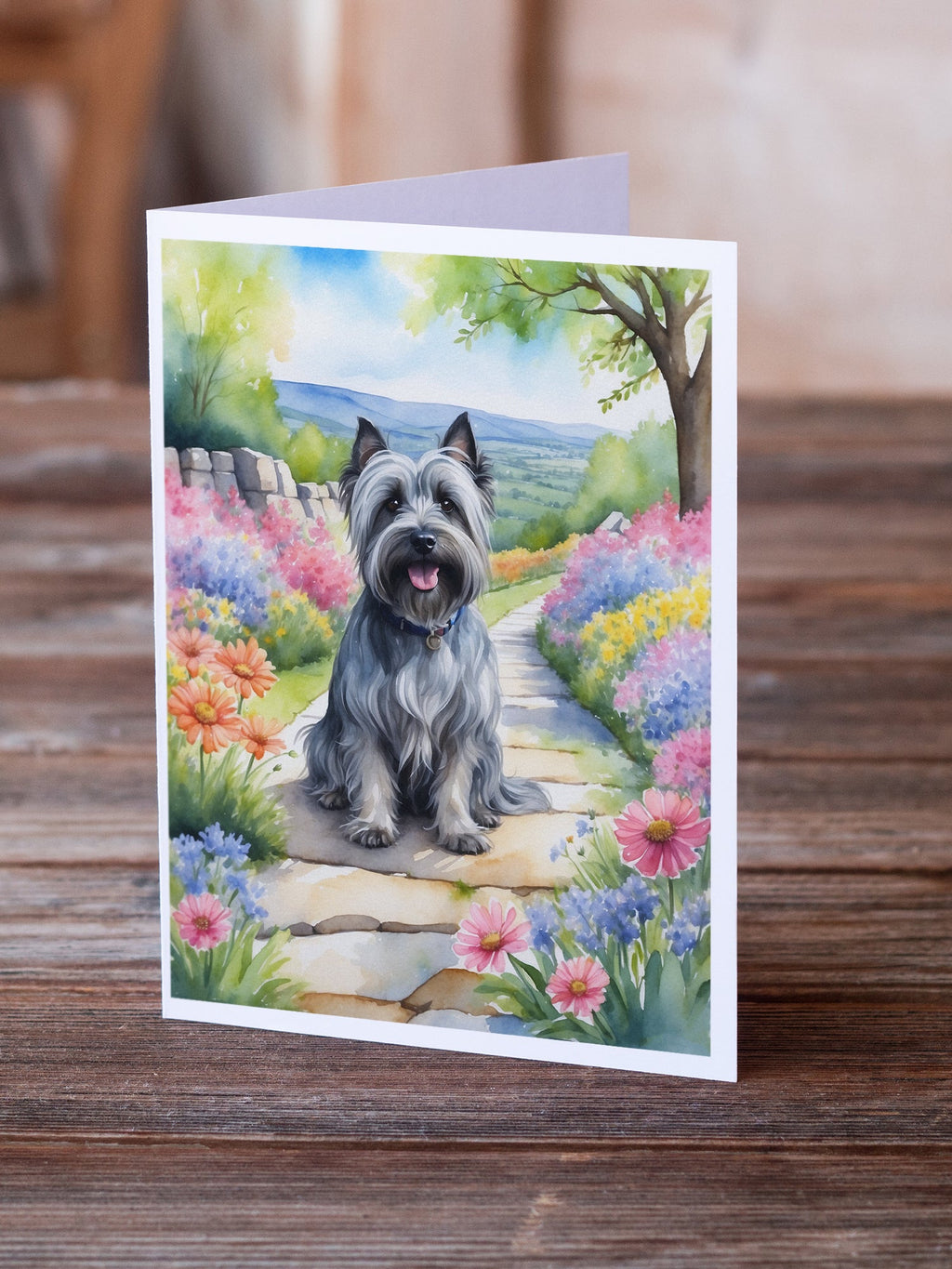 Skye Terrier Spring Path Greeting Cards Pack of 8 Blank Cards with Envelopes Whimsical A7 Size 5x7