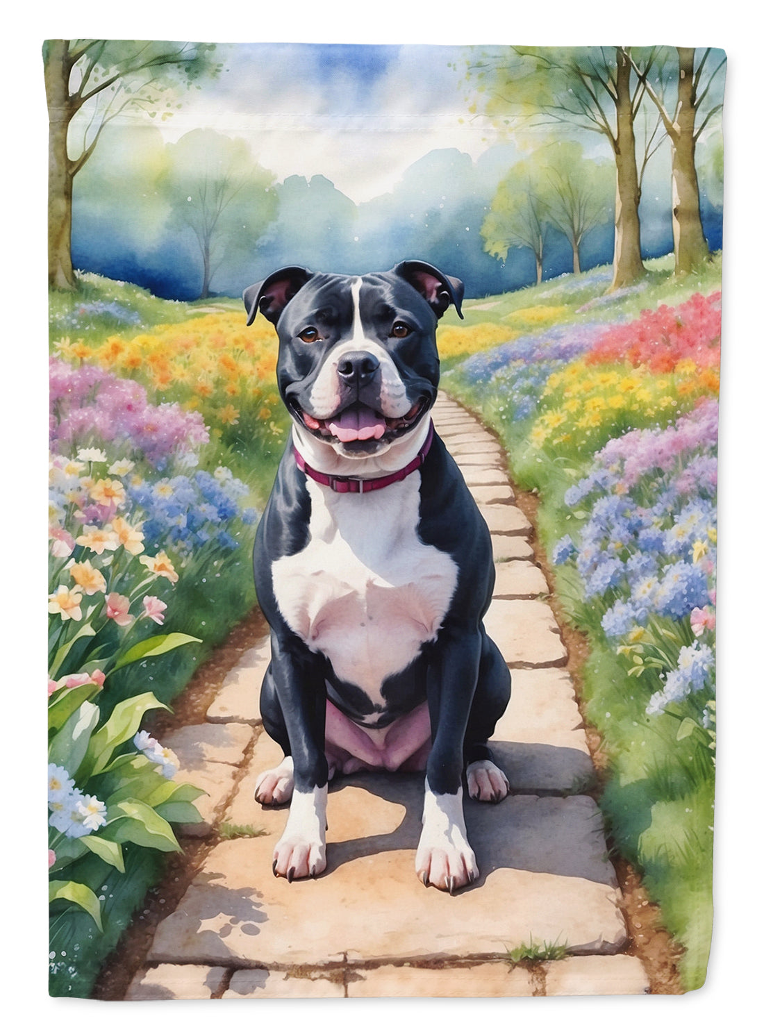 Staffordshire Bull Terrier Spring Path House Flag 28x40 Porch Sleeve Pole Decorative Outside Yard Banner Artwork Wall Hanging, Polyester