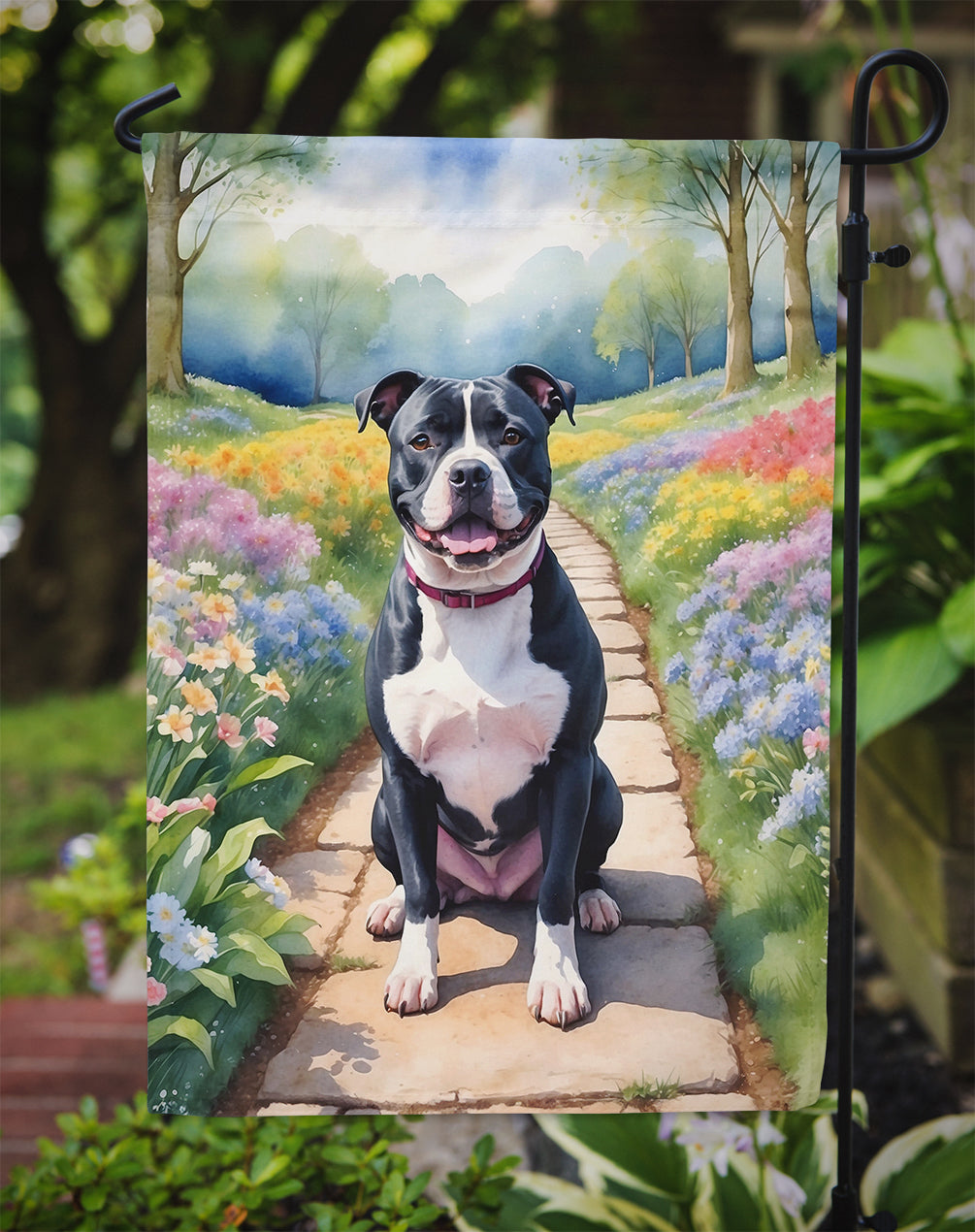 Staffordshire Bull Terrier Spring Path Garden Flag Mailbox Decorative Yard Banner Outside Patio Artwork for Flower Beds, Garden Size, Multicolor