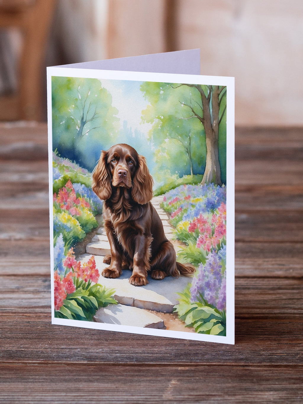 Sussex Spaniel Spring Path Greeting Cards Pack of 8 Blank Cards with Envelopes Whimsical A7 Size 5x7