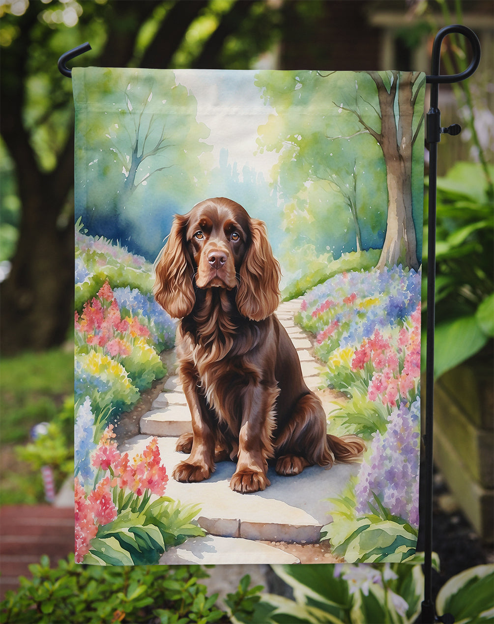 Sussex Spaniel Spring Path Garden Flag Mailbox Decorative Yard Banner Outside Patio Artwork for Flower Beds, Garden Size, Multicolor