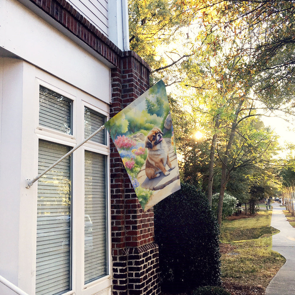 Tibetan Spaniel Spring Path House Flag 28x40 Porch Sleeve Pole Decorative Outside Yard Banner Artwork Wall Hanging, Polyester