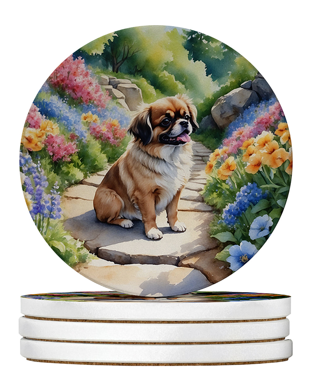 Tibetan Spaniel Spring Path Large Sandstone Coasters Pack of 4 Absorbent Round Coasters Decor Gifts for Men or Women, 4 in, Multicolor