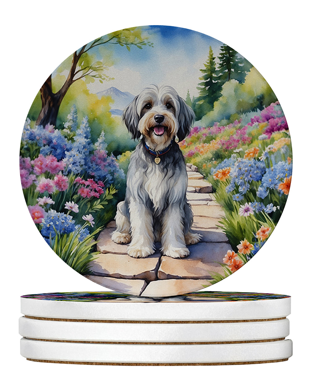 Tibetan Terrier Spring Path Large Sandstone Coasters Pack of 4 Absorbent Round Coasters Decor Gifts for Men or Women, 4 in, Multicolor
