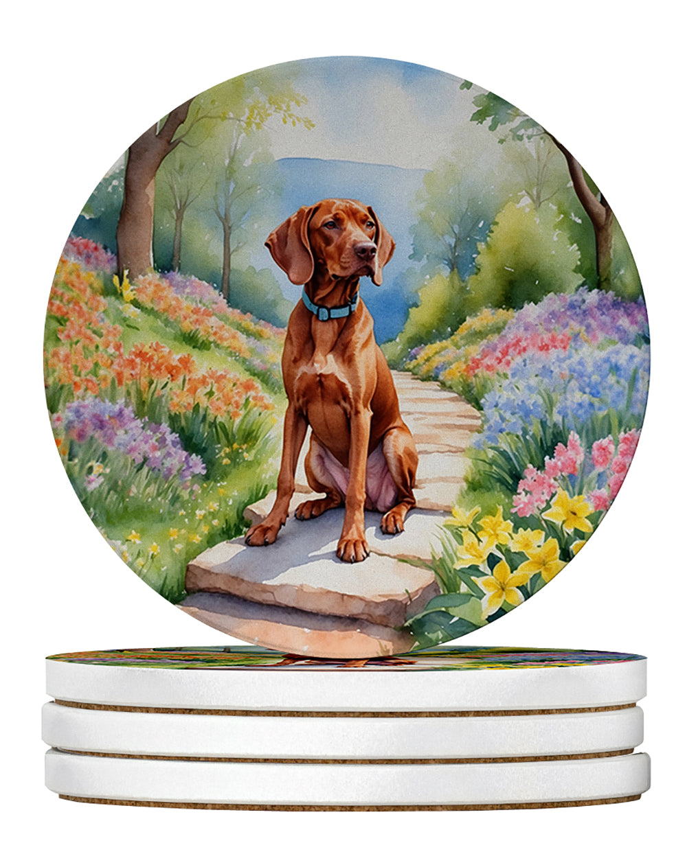 Vizsla Spring Path Large Sandstone Coasters Pack of 4 Absorbent Round Coasters Decor Gifts for Men or Women, 4 in, Multicolor