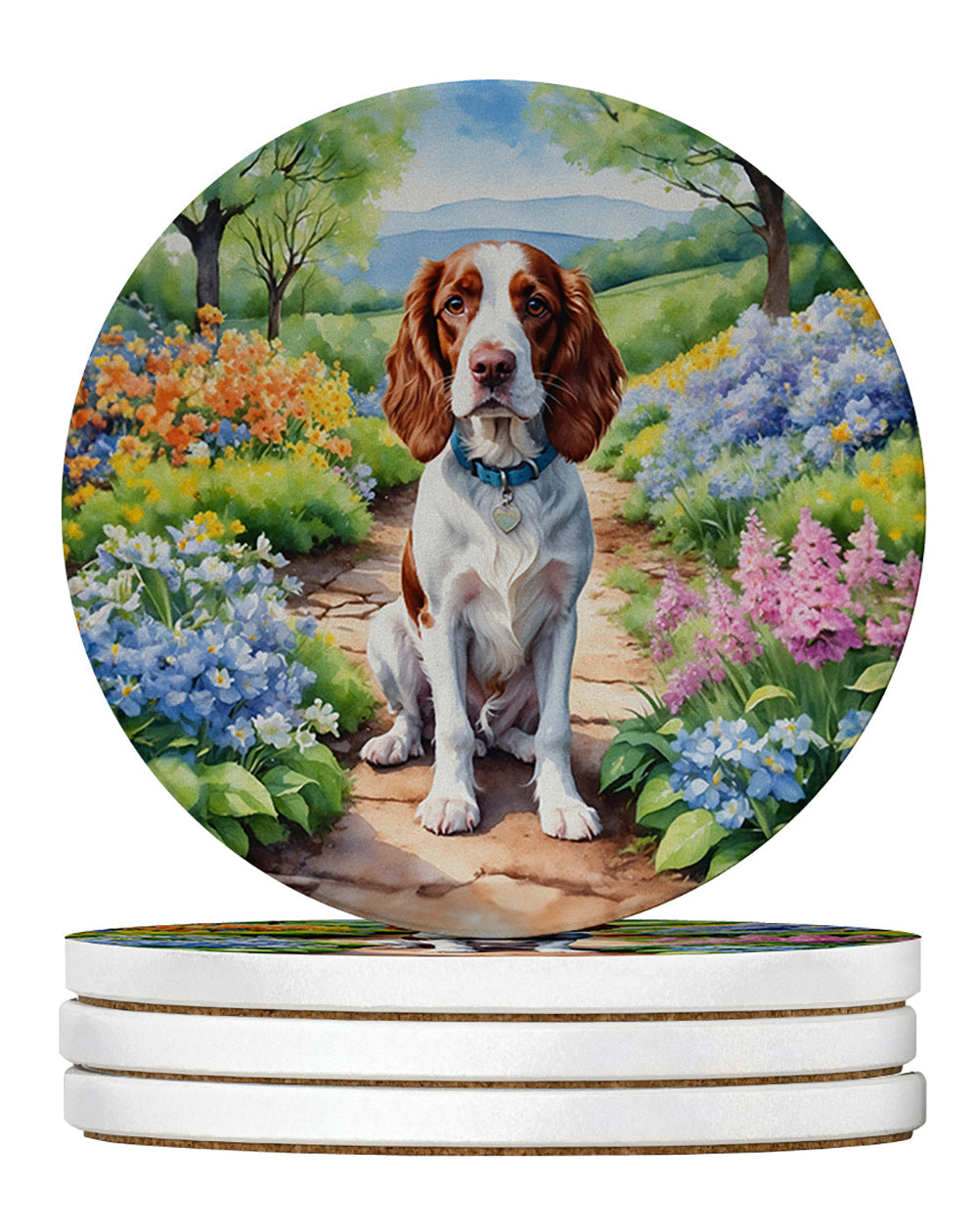 Welsh Springer Spaniel Spring Path Large Sandstone Coasters Pack of 4 Absorbent Round Coasters Decor Gifts for Men or Women, 4 in, Multicolor