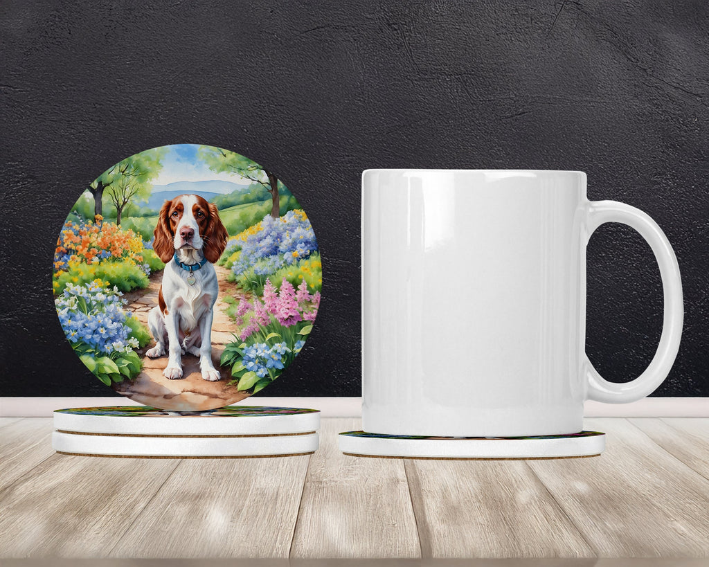Welsh Springer Spaniel Spring Path Large Sandstone Coasters Pack of 4 Absorbent Round Coasters Decor Gifts for Men or Women, 4 in, Multicolor