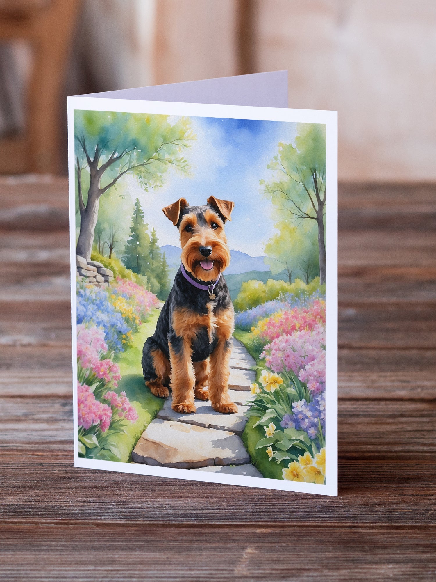 Welsh Terrier Spring Path Greeting Cards Pack of 8 Blank Cards with Envelopes Whimsical A7 Size 5x7