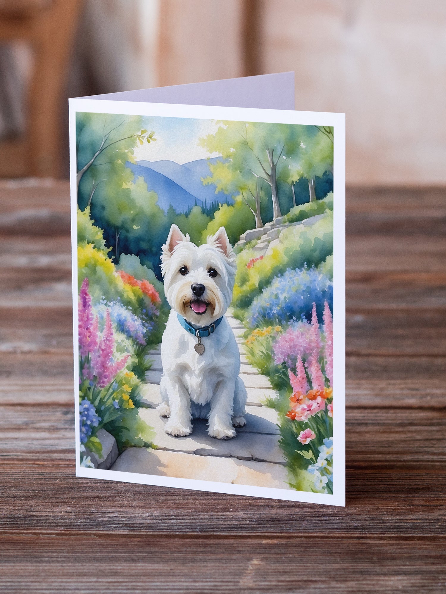 Westie Spring Path Greeting Cards Pack of 8 Blank Cards with Envelopes Whimsical A7 Size 5x7