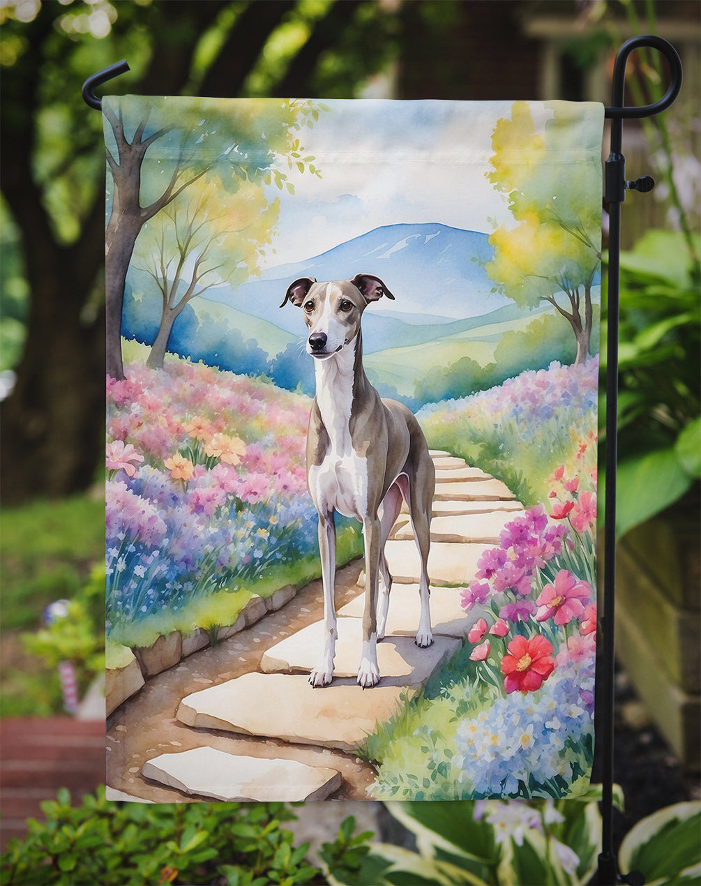 Whippet Spring Path Garden Flag Mailbox Decorative Yard Banner Outside Patio Artwork for Flower Beds, Garden Size, Multicolor