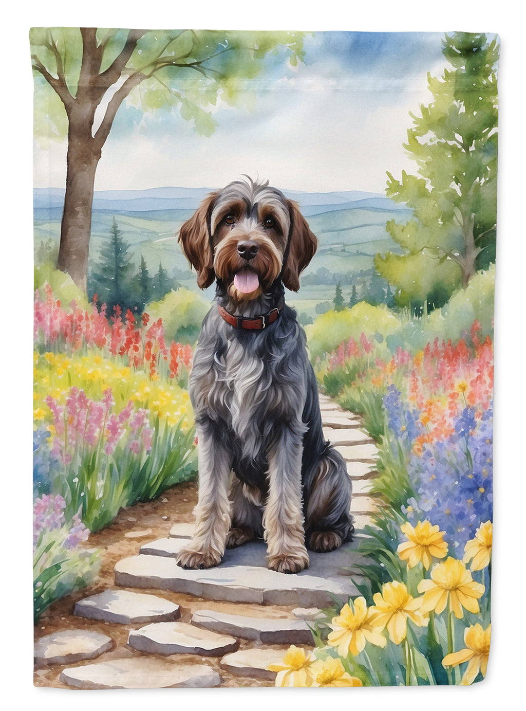 Wirehaired Pointing Griffon Spring Path House Flag 28x40 Porch Sleeve Pole Decorative Outside Yard Banner Artwork Wall Hanging, Polyester