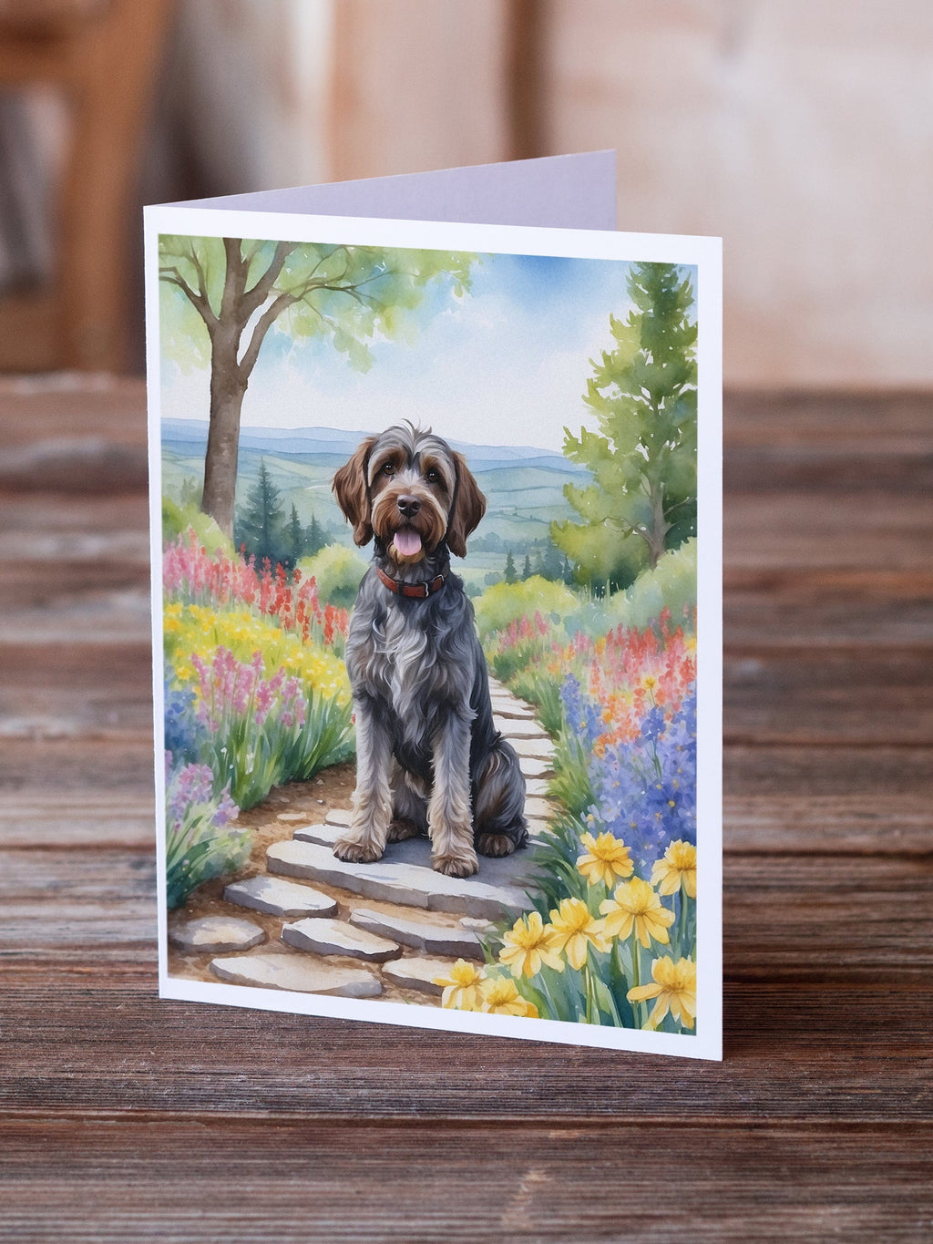 Wirehaired Pointing Griffon Spring Path Greeting Cards Pack of 8 Blank Cards with Envelopes Whimsical A7 Size 5x7
